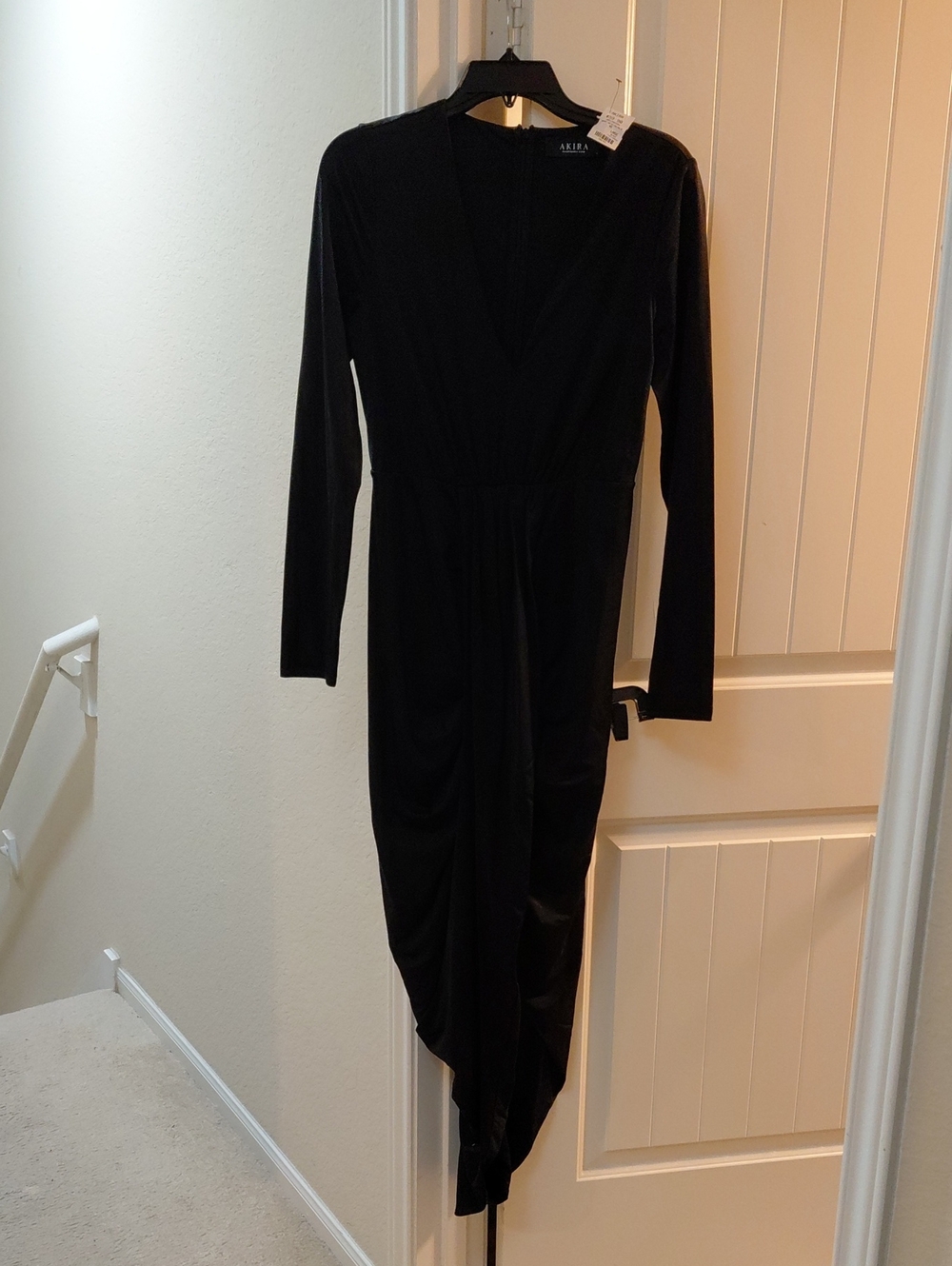 AKIRA Black Long Sleeve V-Neck Draped Midi Dress